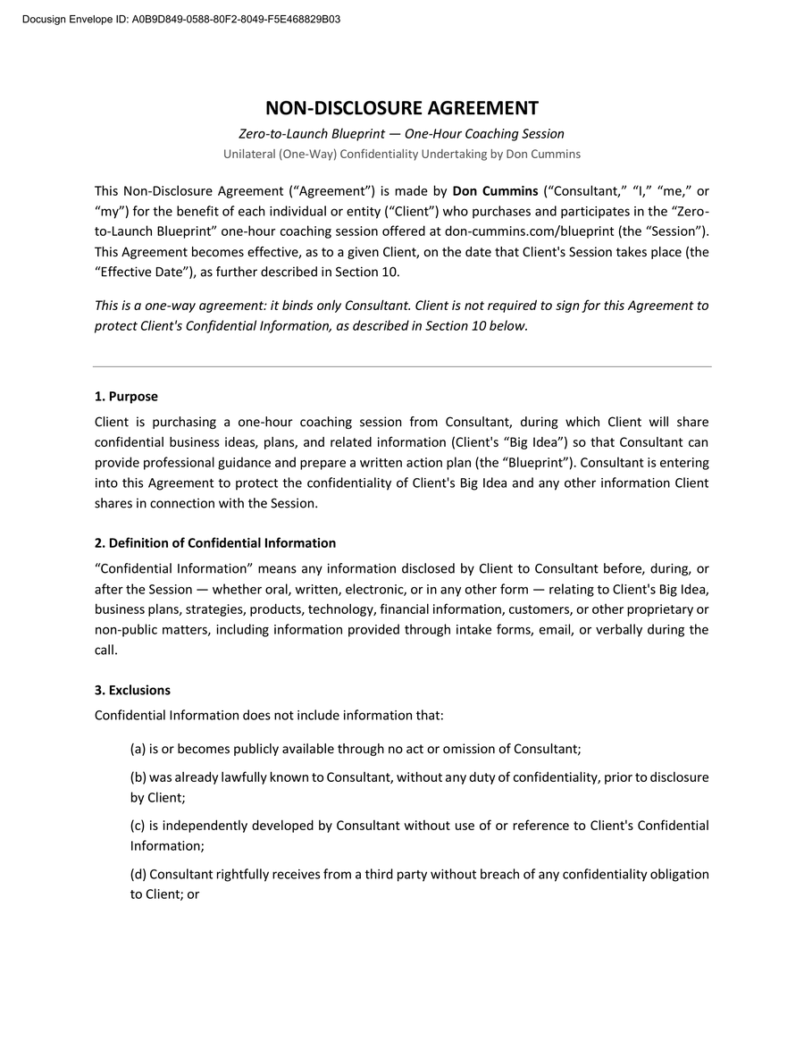 First page of the Zero-to-Launch Blueprint non-disclosure agreement